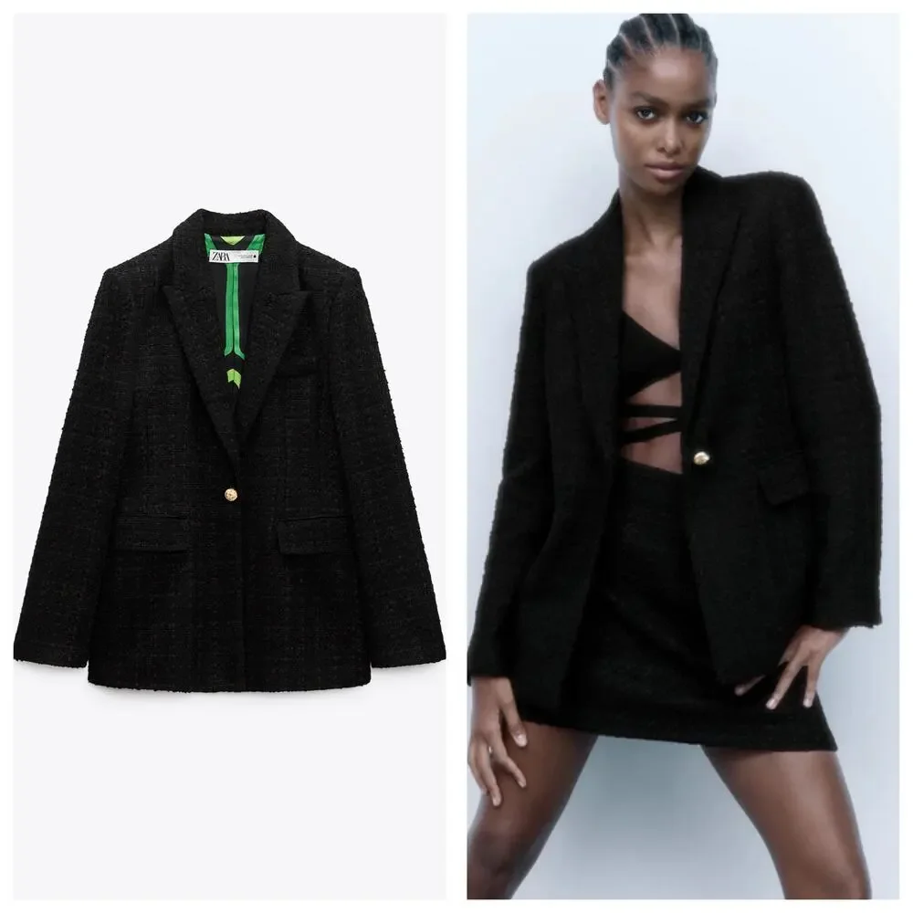 Zara Black Textured Tweed Blazer Size Large Oversized Chic Quiet Luxury Office